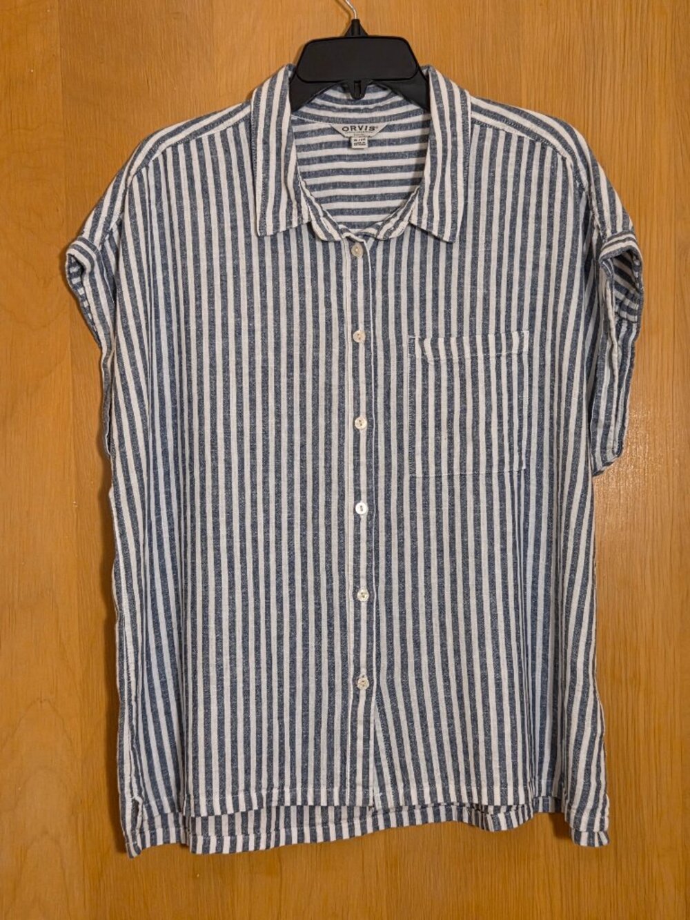 Orvis Shirt Womens XL Blue Striped Linen Rayon Sleeveless Button Up Top Coastal